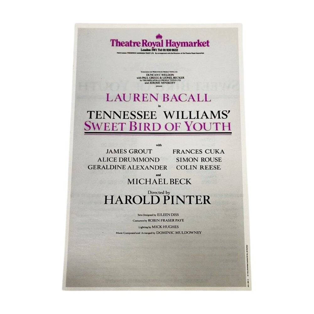Lauren Bacall Sweet Birth of Youth Tennesse William Play Flyer Theater UK 1985